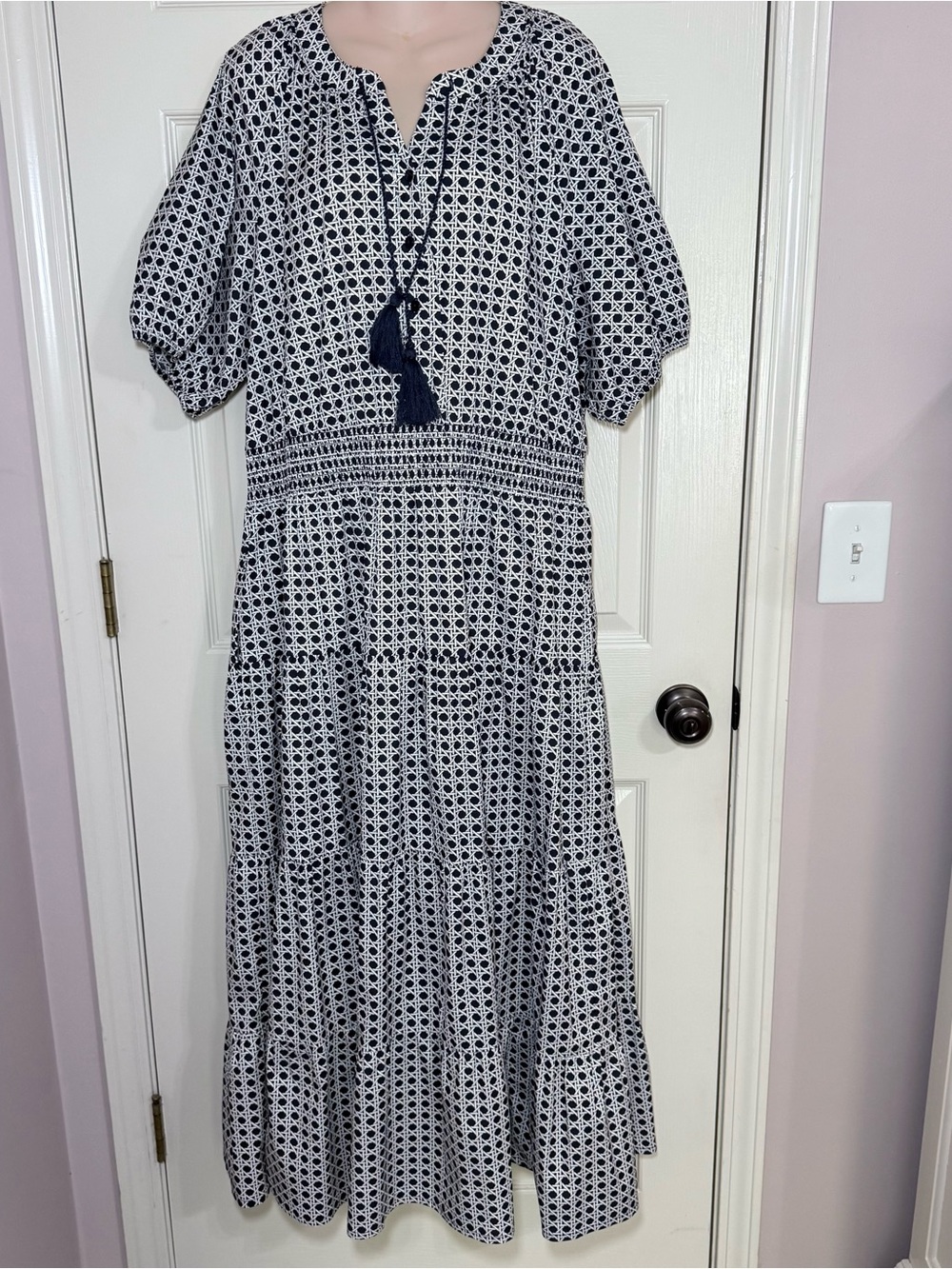 New Chicos Smocked Waist Printed Tiered Maxi Dress Size 3 Size 16 V Neck Cotton